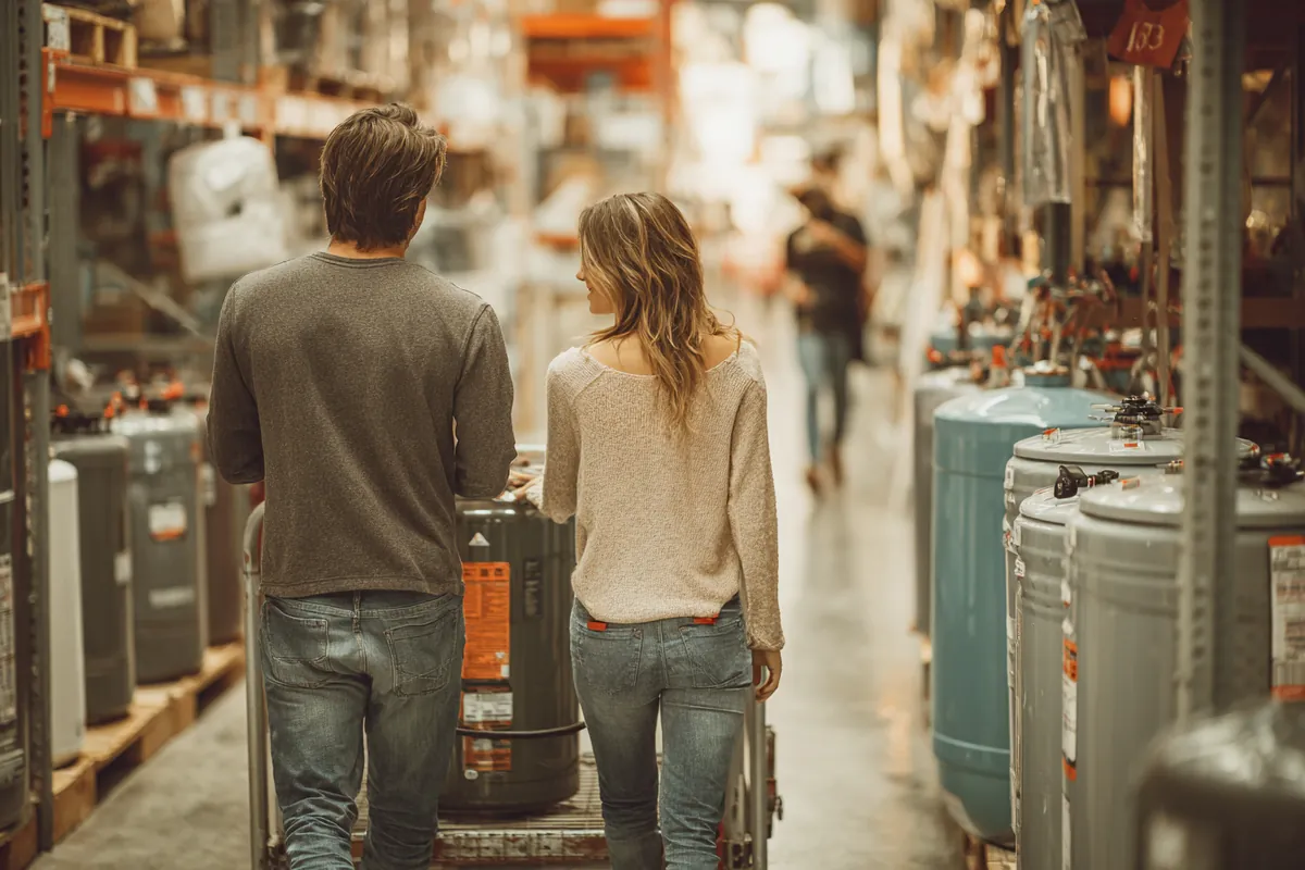 A couple in their 40s pushing a flatbed cart with a new water heater through a bright home improvement store, a typical reason to request a $1,000 loan through Westside Lending