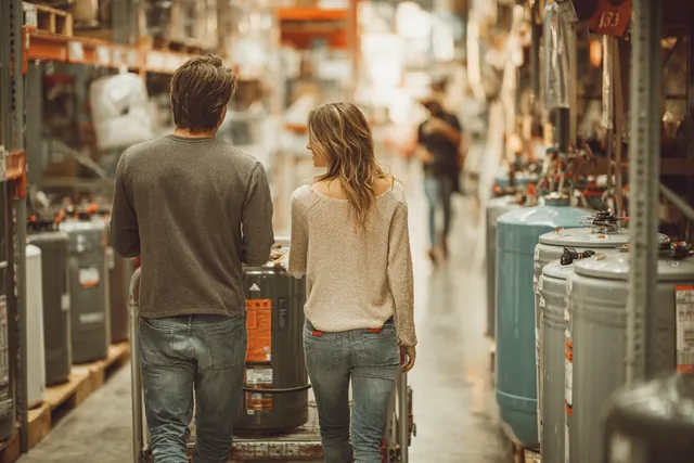 A couple in their 40s pushing a flatbed cart with a new water heater through a bright home improvement store, a typical reason to request a $1,000 loan through Westside Lending