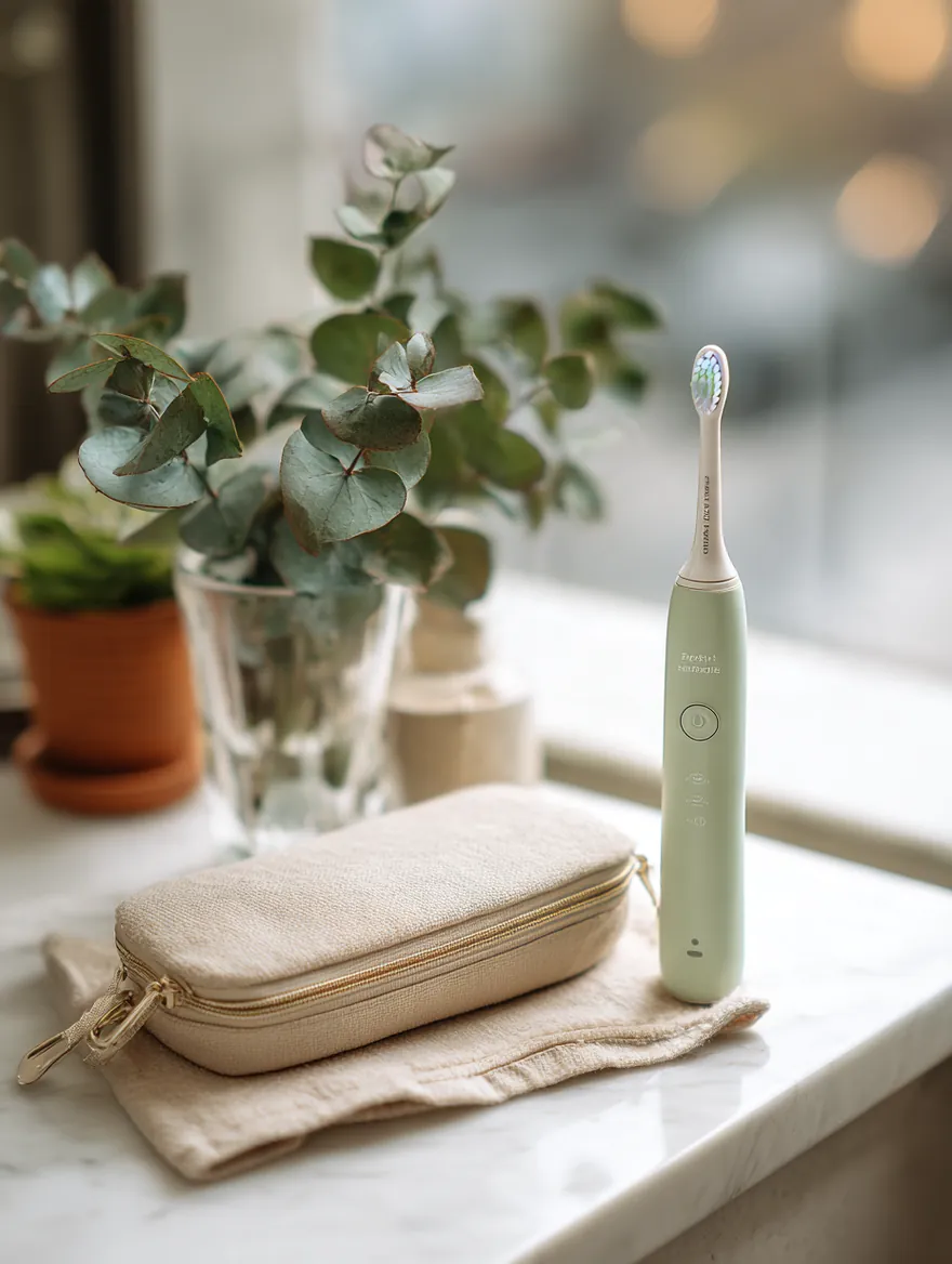 A new mint-green electric toothbrush, a small travel case and a sprig of eucalyptus on a white bathroom shelf