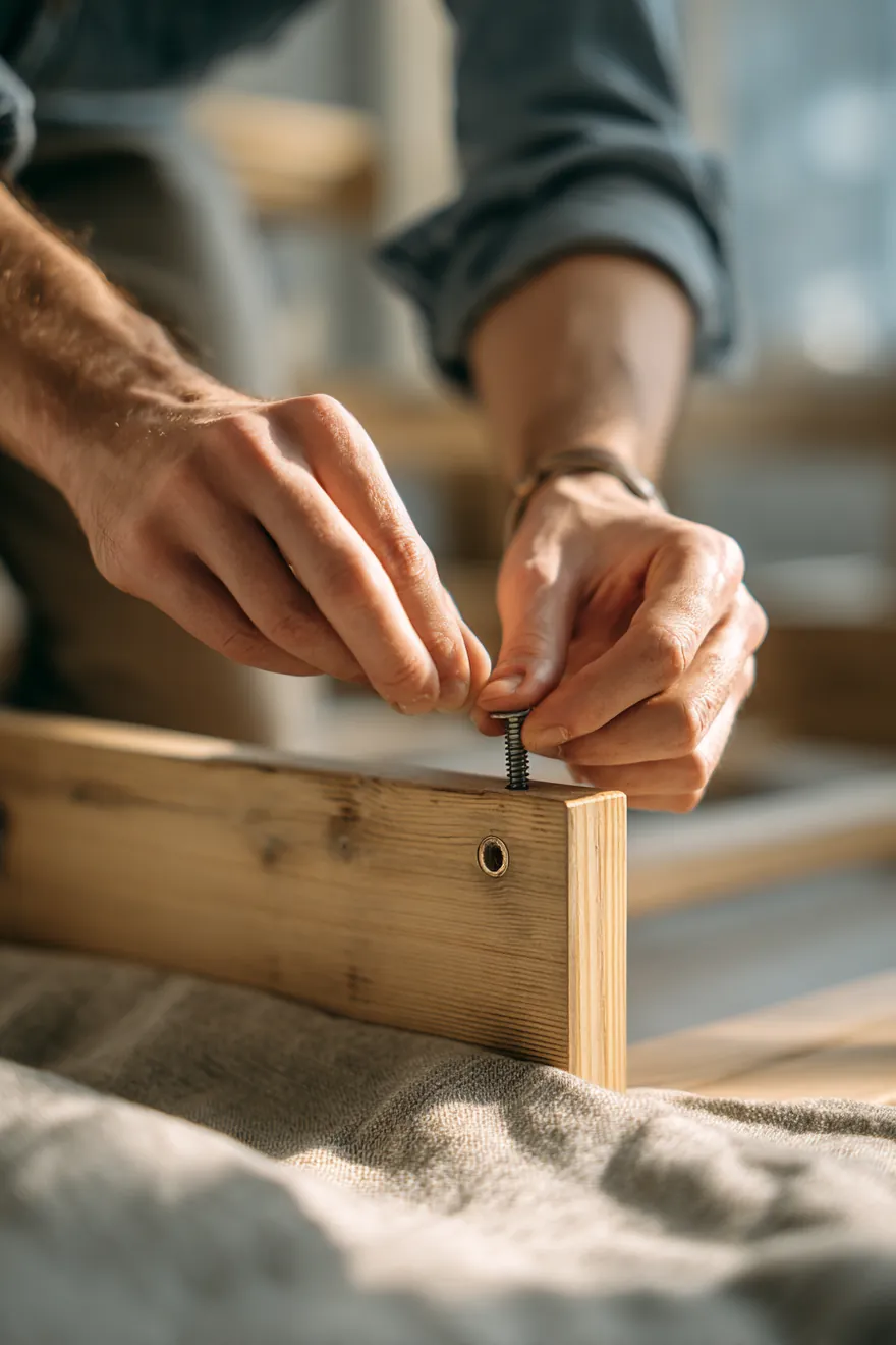 Hands tightening a bolt while assembling a wooden bed frame on a fresh hardwood floor