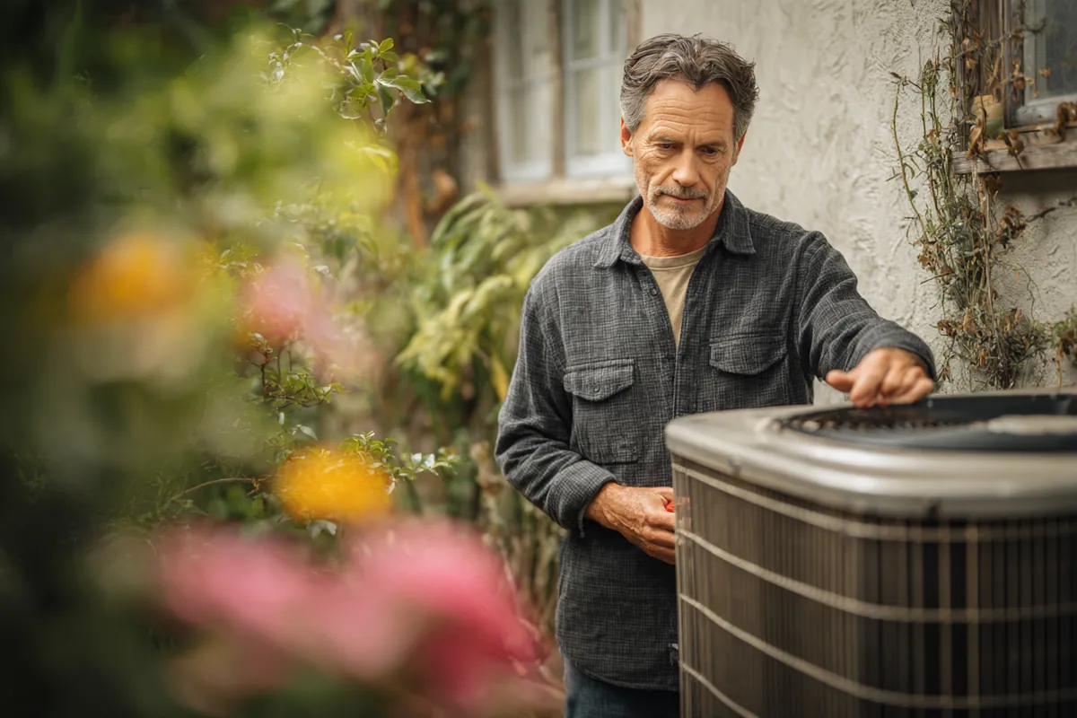 An HVAC technician in his 40s servicing an outdoor air conditioning unit beside a suburban house while the homeowner looks on, a typical reason to request a $2,500 loan through Westside Lending