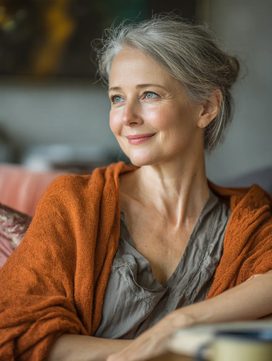A woman in her 60s relaxing in a cool, comfortable living room, gentle smile