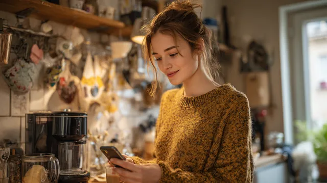 A woman in her 20s setting a new coffee maker on her kitchen counter, pleased with the upgrade, a typical reason to request a $500 loan through Westside Lending