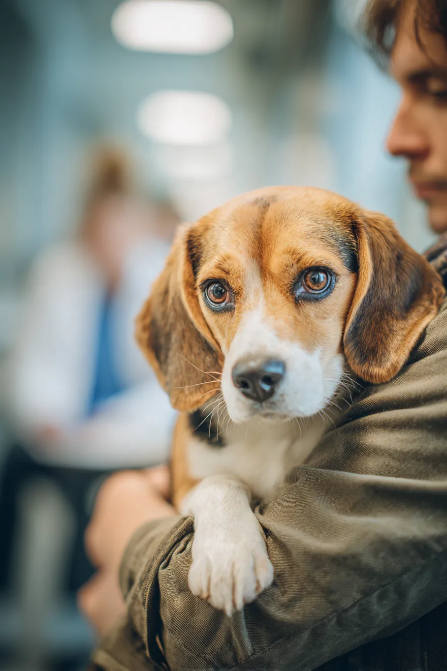 A man in his 30s holding his beagle close in a bright veterinary clinic waiting room, both calm