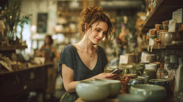 A woman in her 30s stocking handmade ceramic mugs on display shelves in her small boutique, a typical reason to request a $5,000 loan through Westside Lending