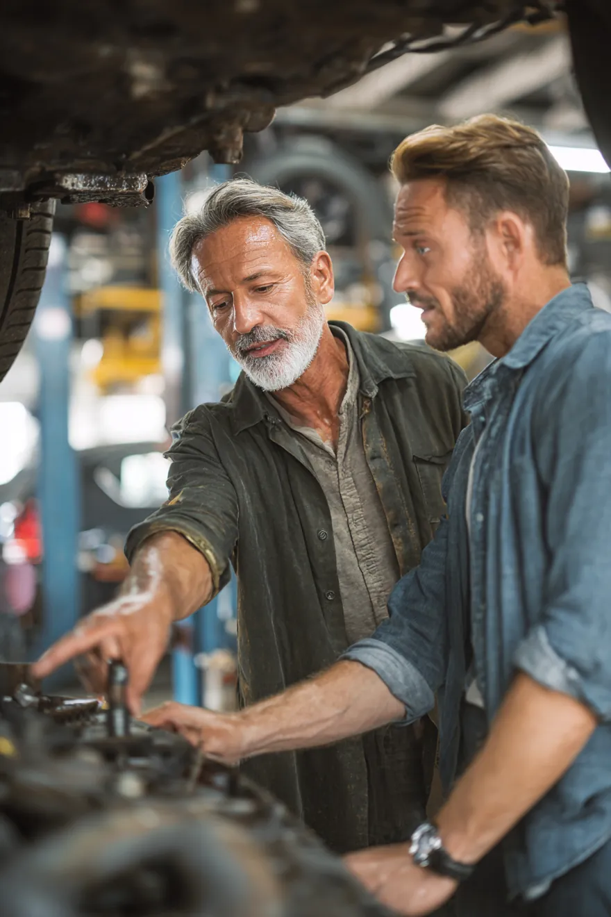 A mechanic pointing out a new transmission part to a man in his 50s under a raised car