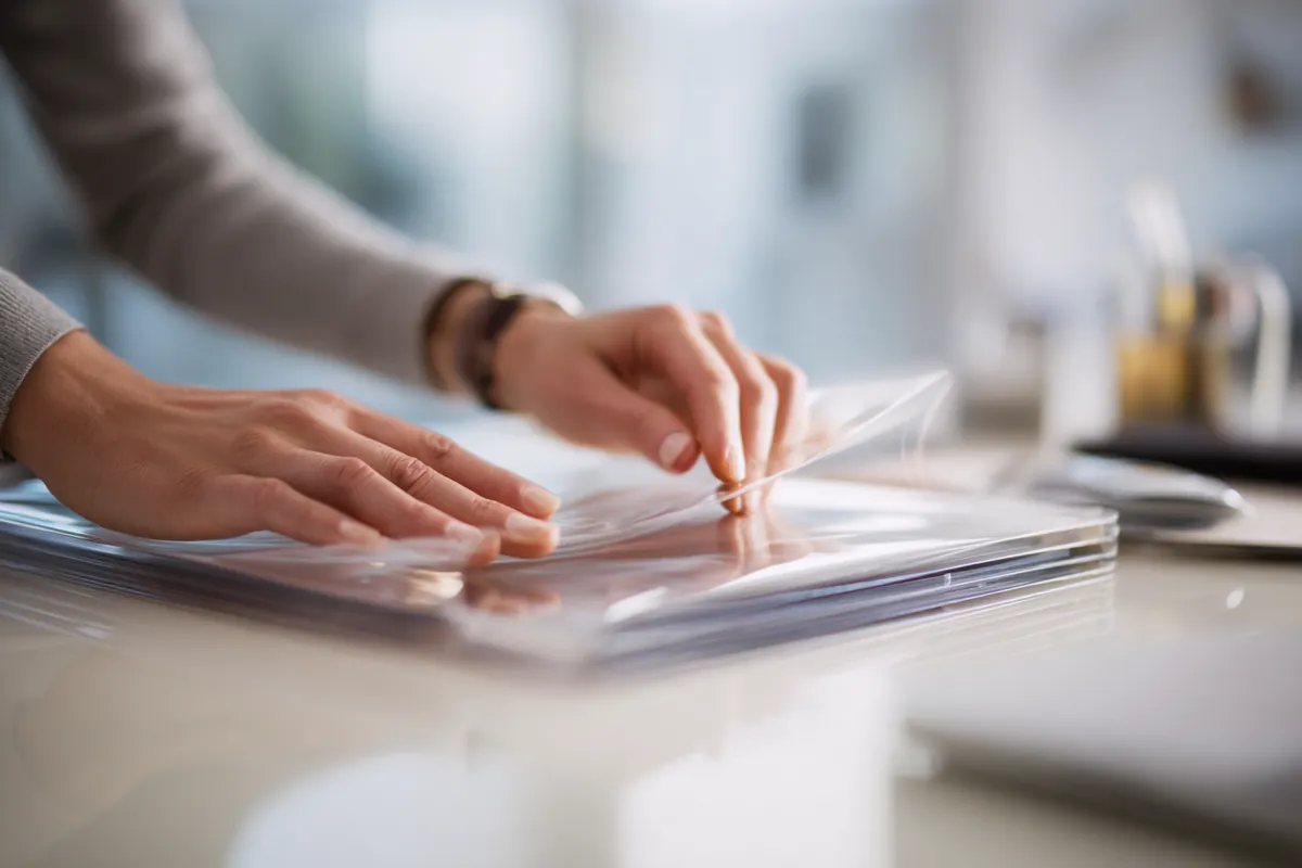 Hands sliding a clear document folder across a white desk, illustrating Advertiser & Lending Disclosure with Westside Lending