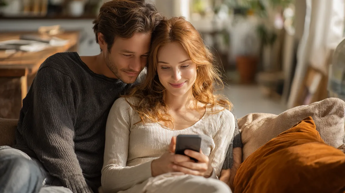 A couple in their 30s on a sofa looking at a smartphone together, illustrating Apply with Westside Lending