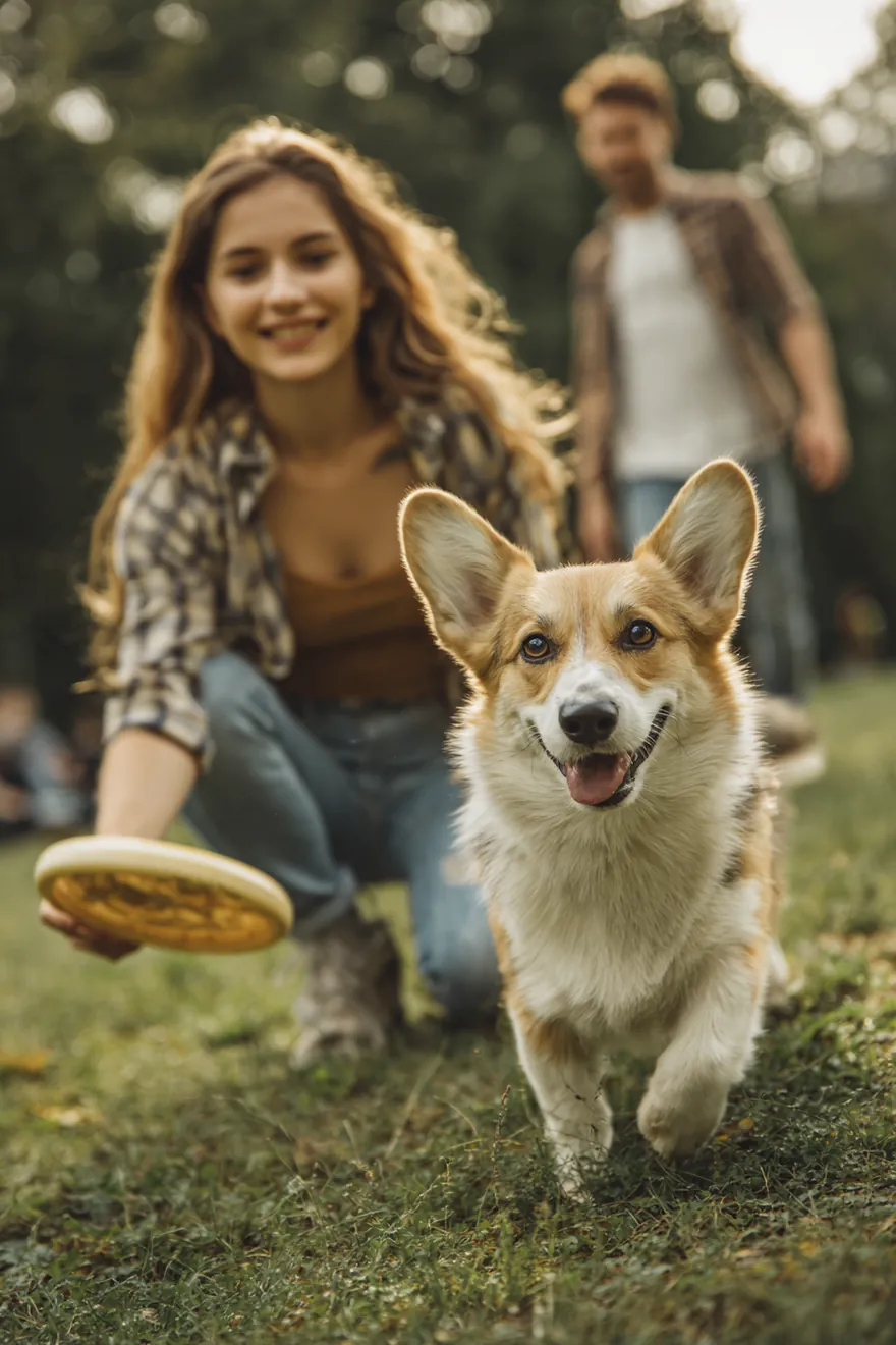 A family playing frisbee with their corgi in a sunny park