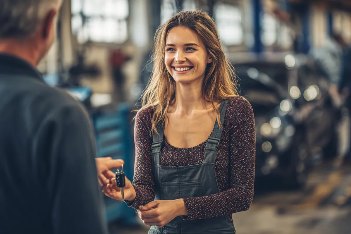 A mechanic handing car keys back to a smiling woman in her 40s in a clean modern repair garage, illustrating Auto Repair Loans with Westside Lending