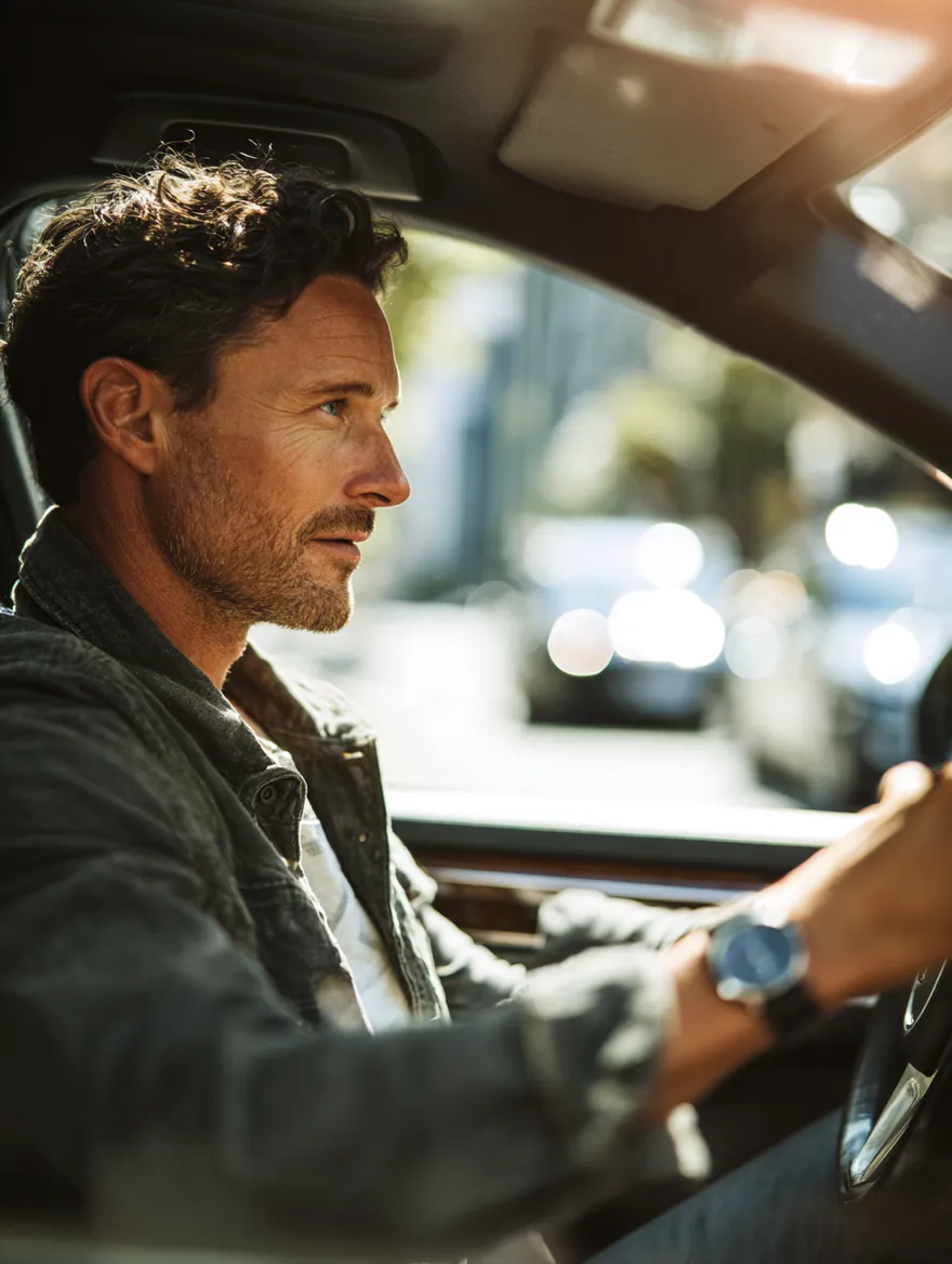 A man in his 40s driving his freshly repaired late-model SUV onto a sunny road, hands relaxed on the wheel