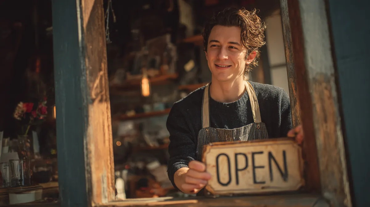 A young man in his 20s flipping the door sign to open at his small bicycle repair shop in the morning, illustrating Bad Credit Loans with Westside Lending