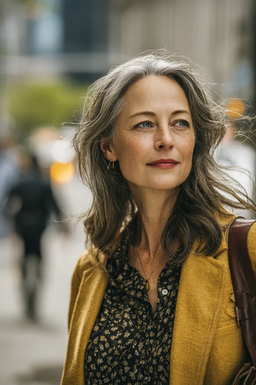 A woman in her 50s pausing on a city sidewalk with a calm, hopeful expression