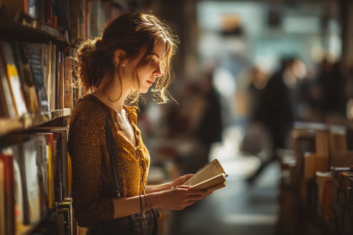 A woman in her 20s browsing shelves in a sunlit modern bookstore, illustrating Blog with Westside Lending