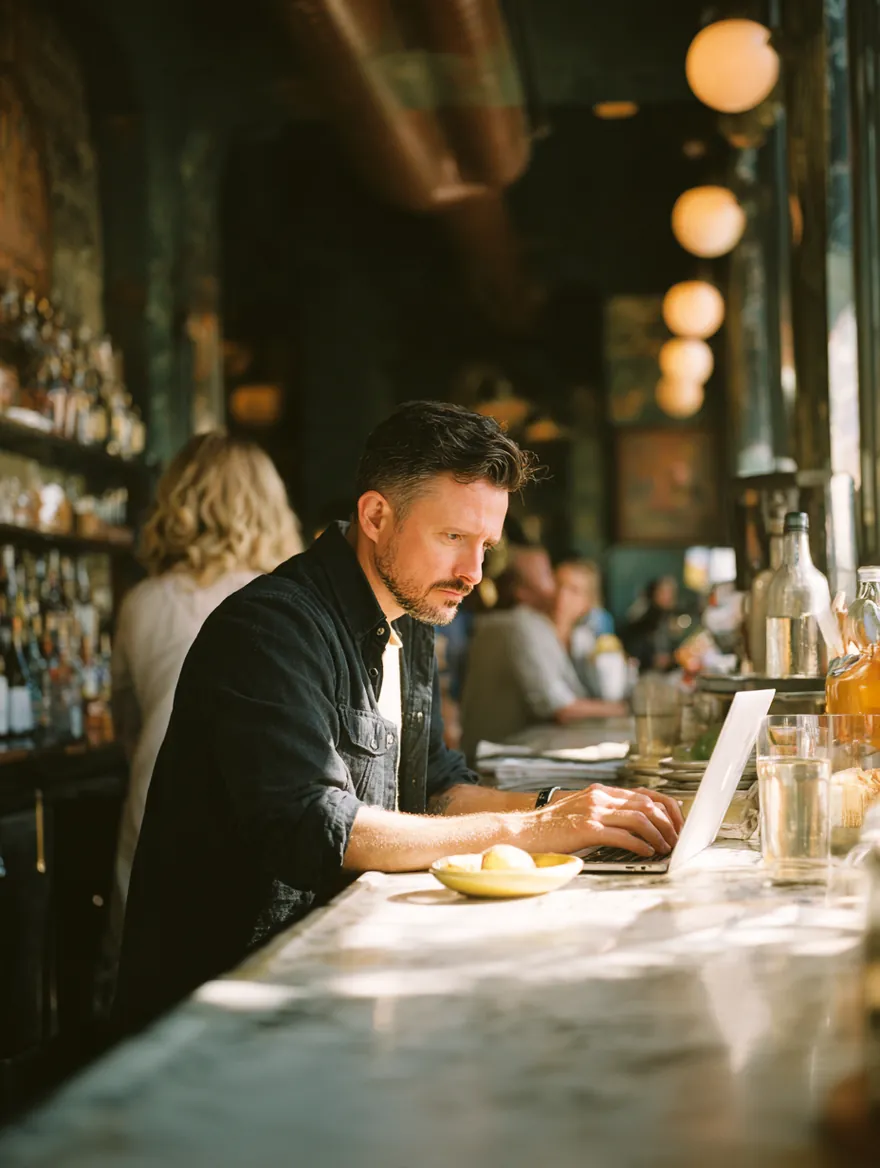 A man in his 30s reading an article on his laptop at a cafe counter