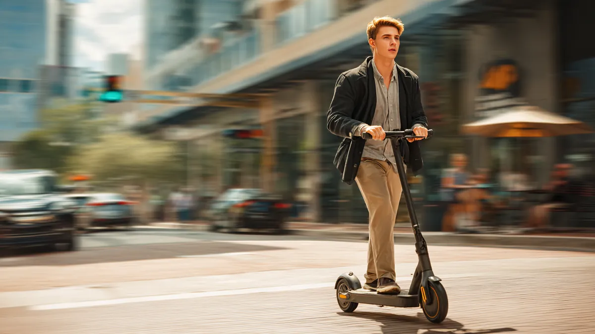 A man in his 20s riding an e-scooter to work through downtown, illustrating Can I Get a $2,000 Loan With Bad Credit? with Westside Lending