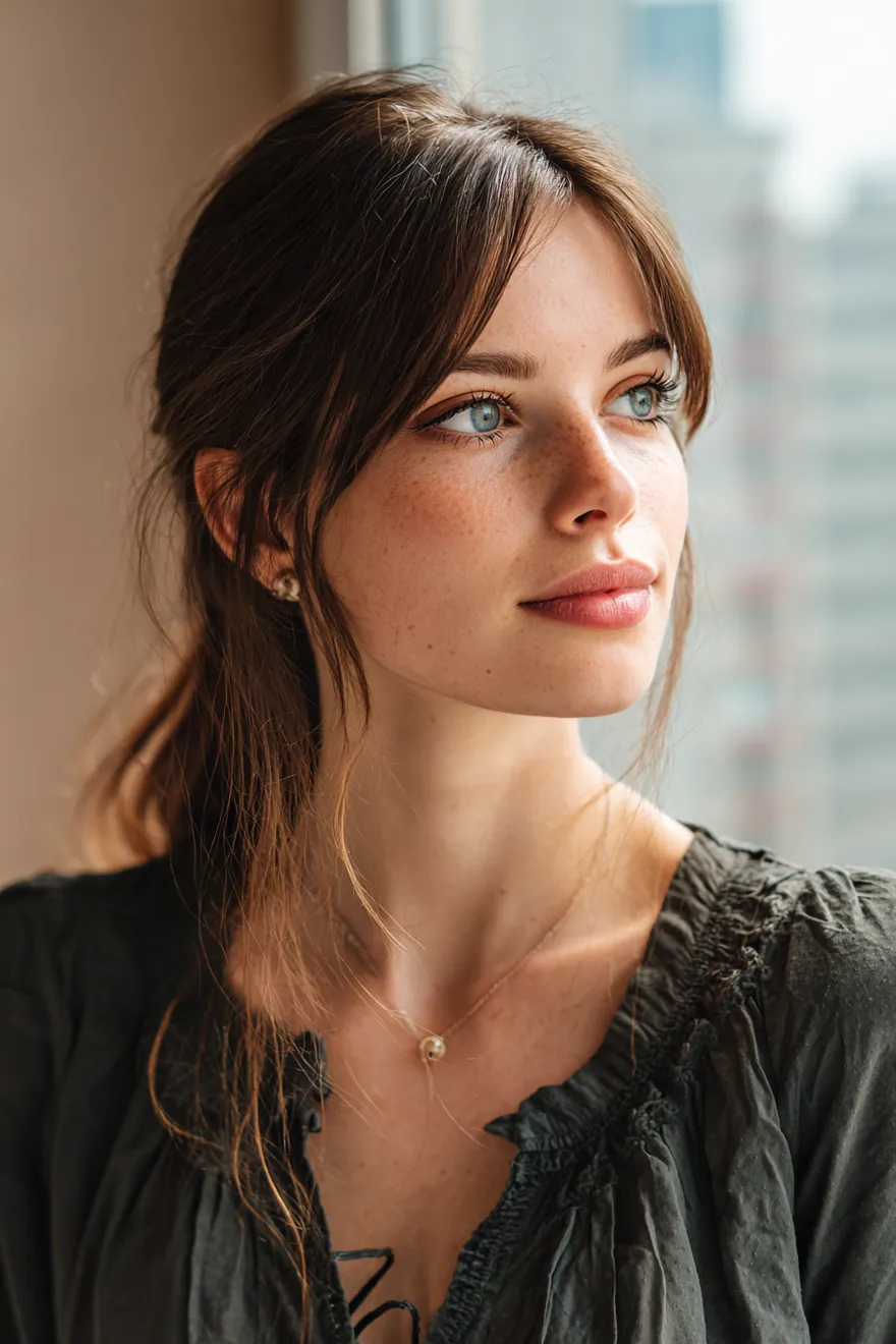 A woman in her 20s gazing out of her apartment window with a hopeful look