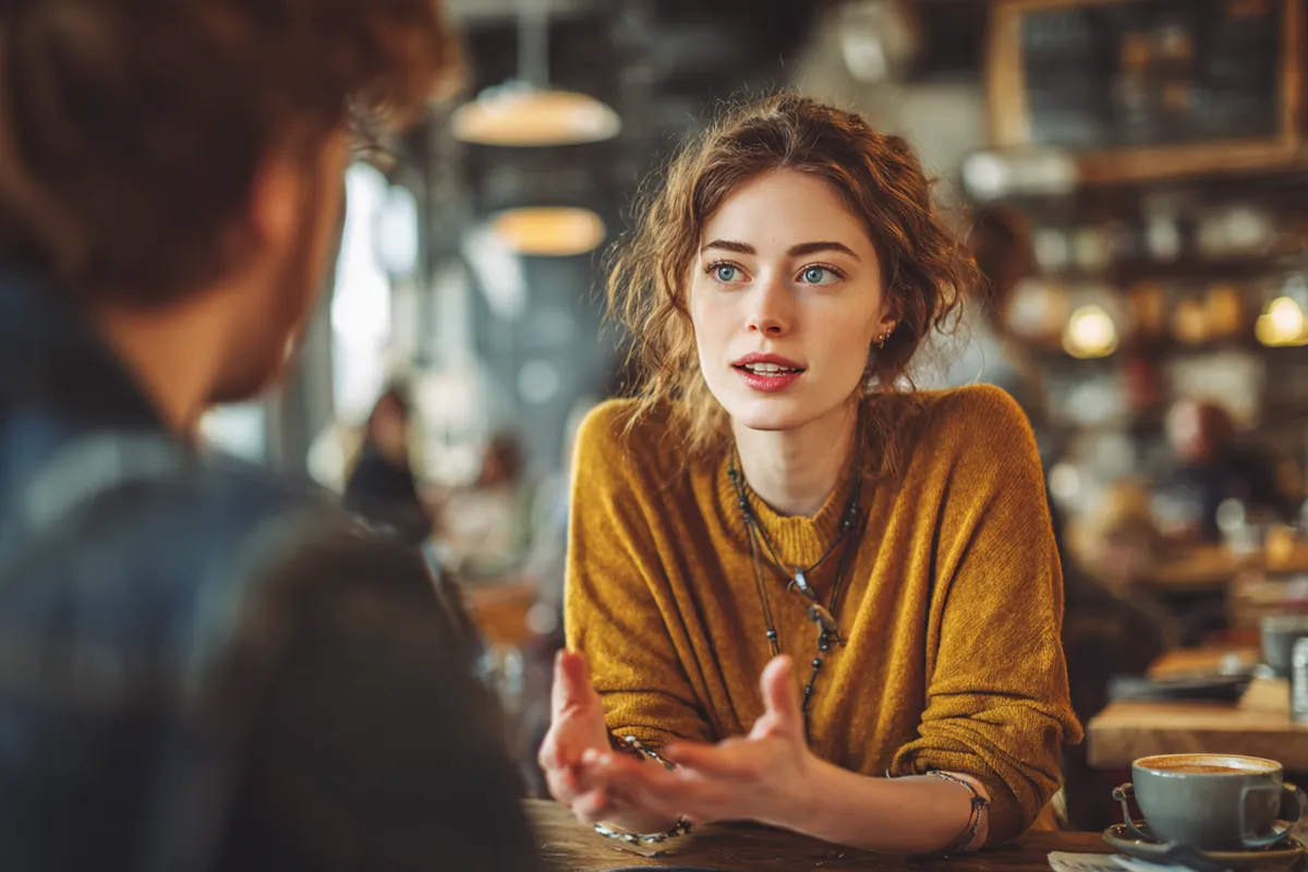Two friends in their 30s talking through their options at a cafe table, one gesturing mid-sentence, illustrating Compare Lenders with Westside Lending