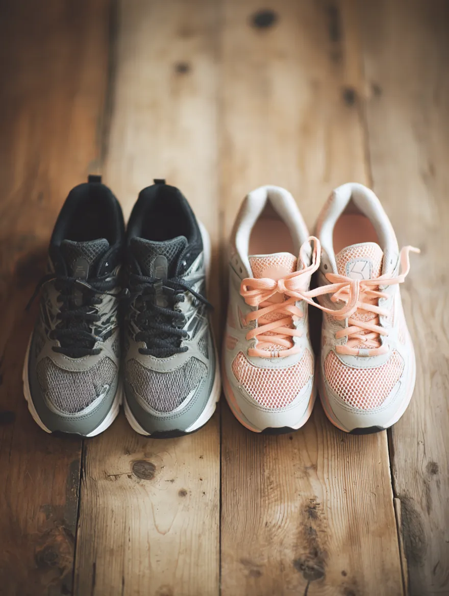 Two different pairs of running shoes placed side by side on a light wooden floor