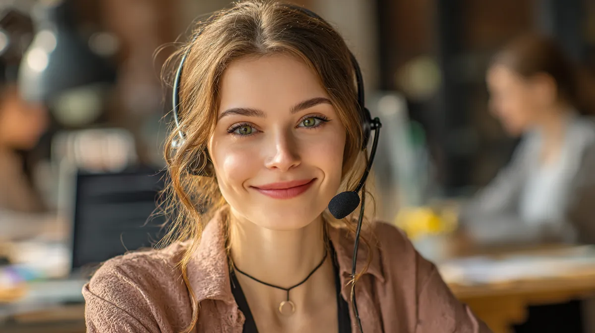 A support specialist in her 30s with a headset greeting a caller warmly, illustrating Contact with Westside Lending