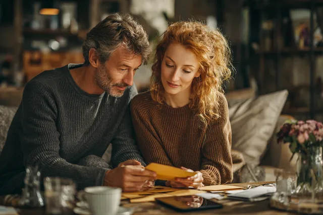 A couple in their 40s calmly sorting envelopes at a coffee table, illustrating Debt Consolidation Loan vs Balance Transfer Card with Westside Lending