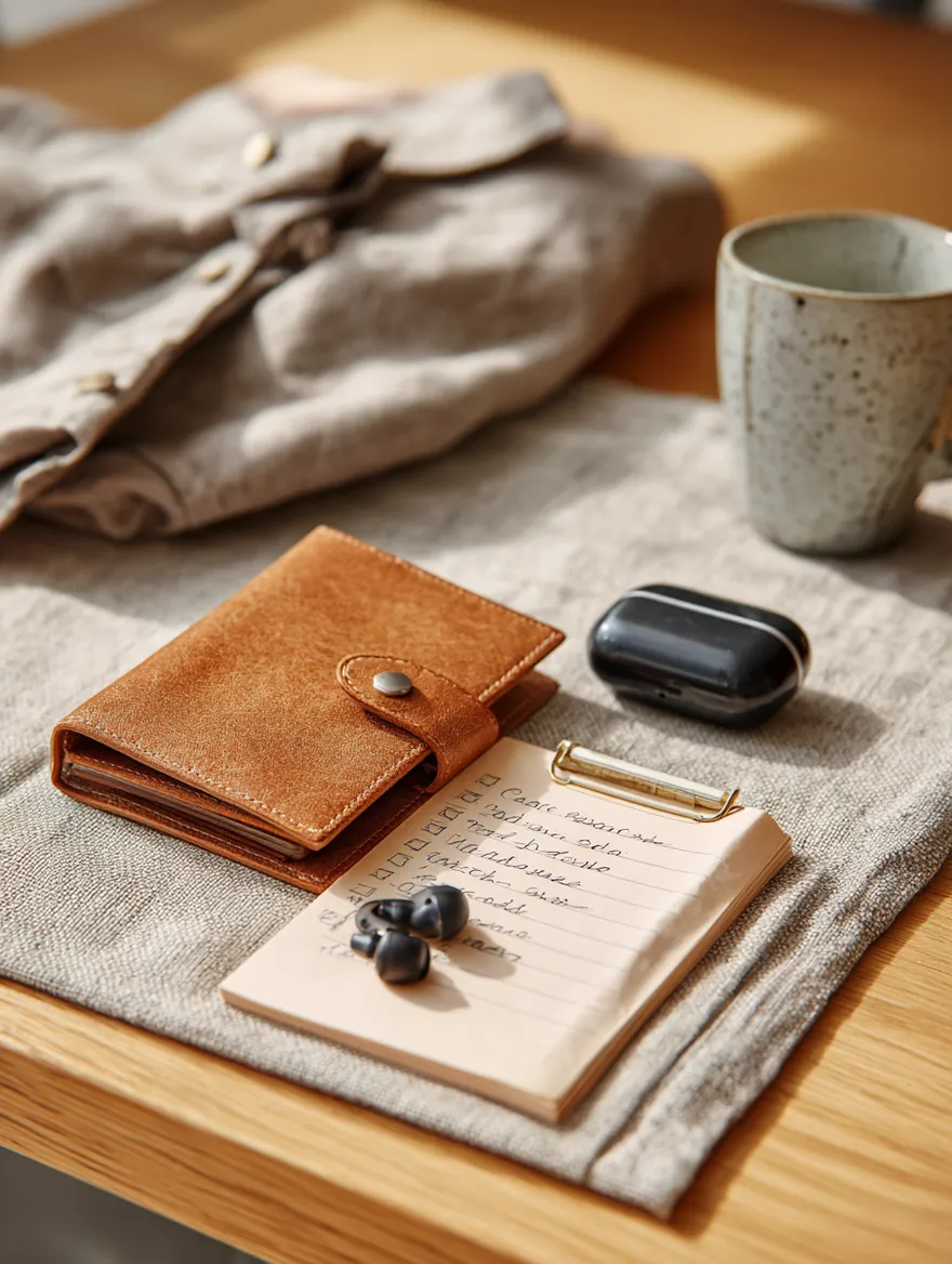 A slim leather wallet, wireless earbuds and a sticky-note checklist on a linen desk mat