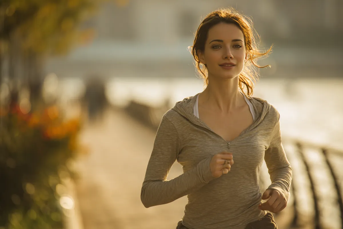A woman in her 30s jogging along a riverside park path at sunrise with an easy, relieved stride, illustrating Debt Consolidation Loans with Westside Lending