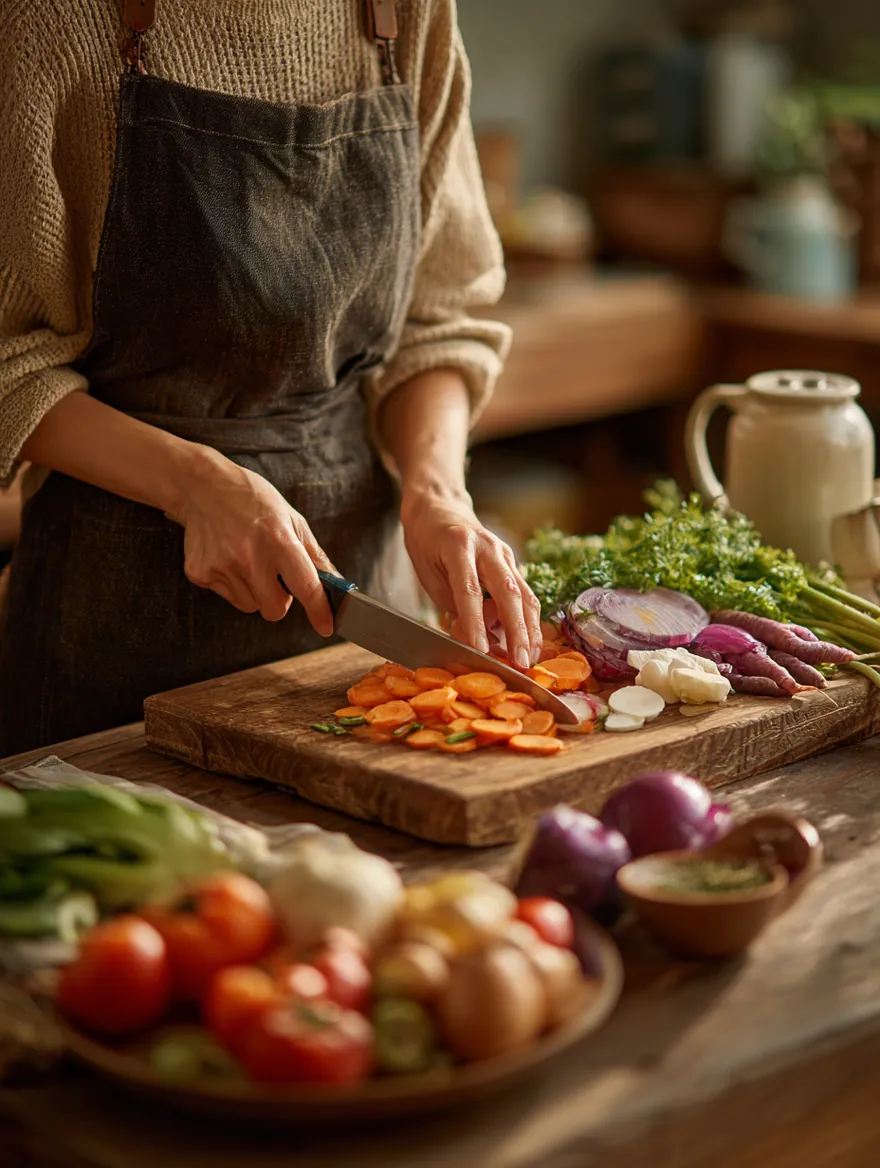 Hands slicing fresh vegetables on a wooden cutting board during family dinner prep