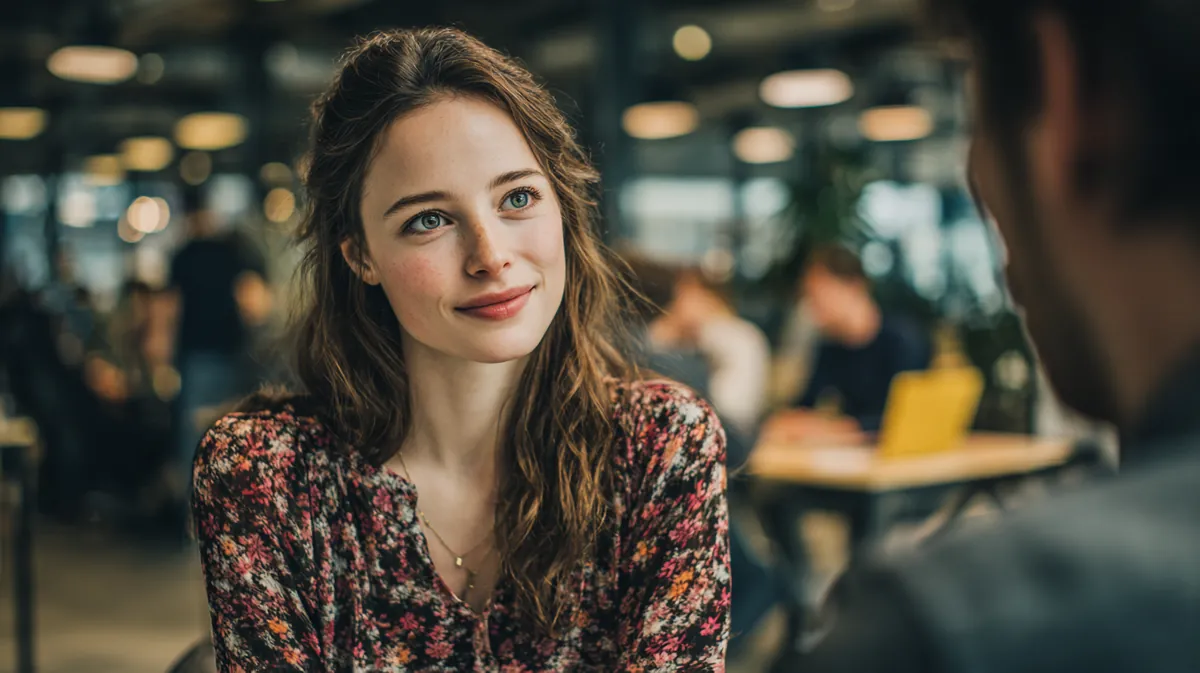 A woman in her 20s at her first job chatting with a coworker in a modern coworking space, illustrating Eligibility Requirements with Westside Lending