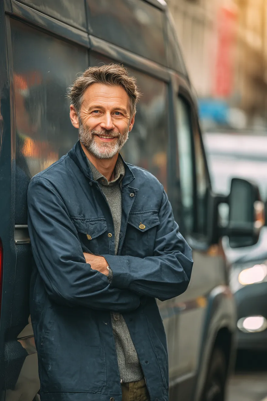 A delivery driver in his 40s in work uniform smiling beside his van