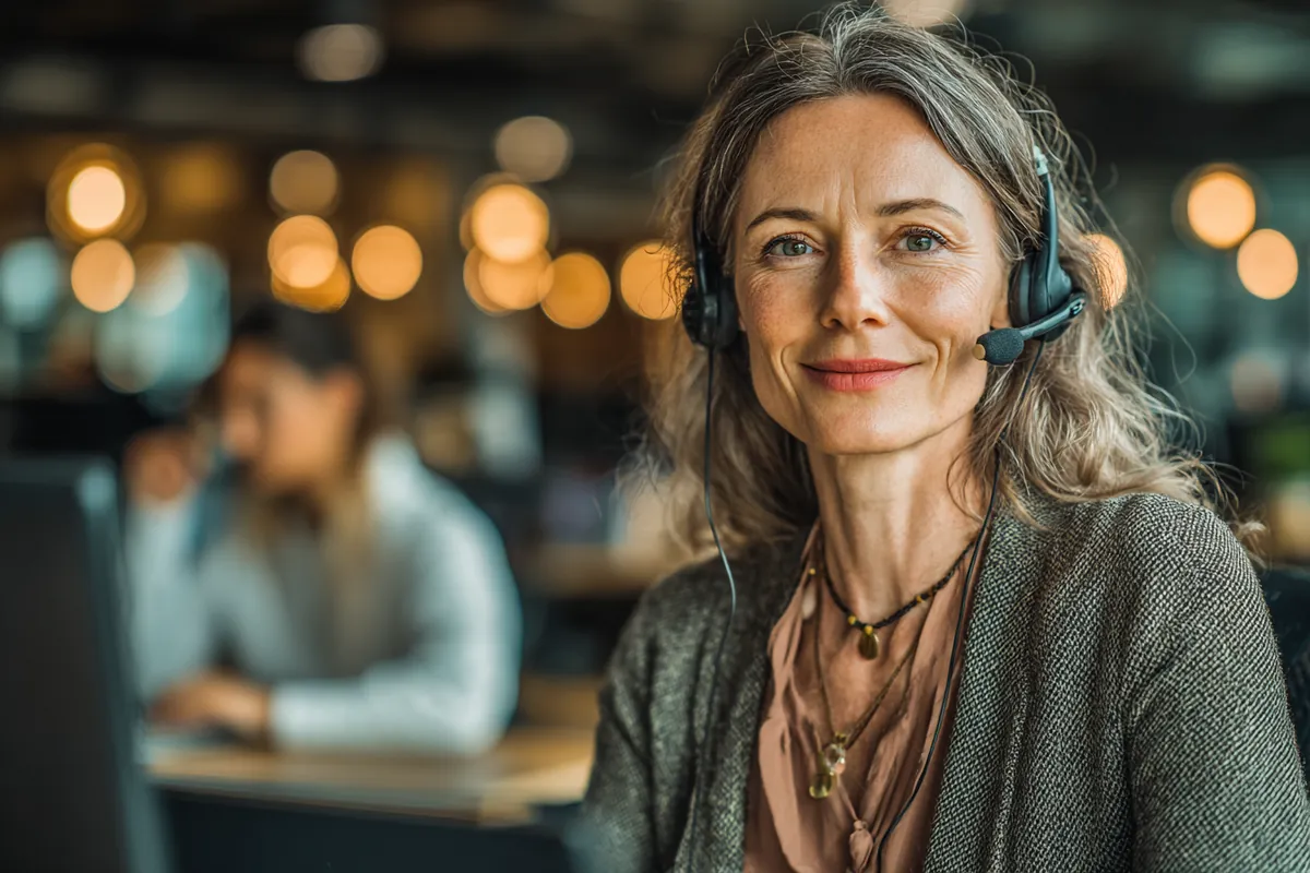A friendly customer support specialist in her 40s wearing a headset, listening and smiling in a bright modern office, illustrating FAQ with Westside Lending