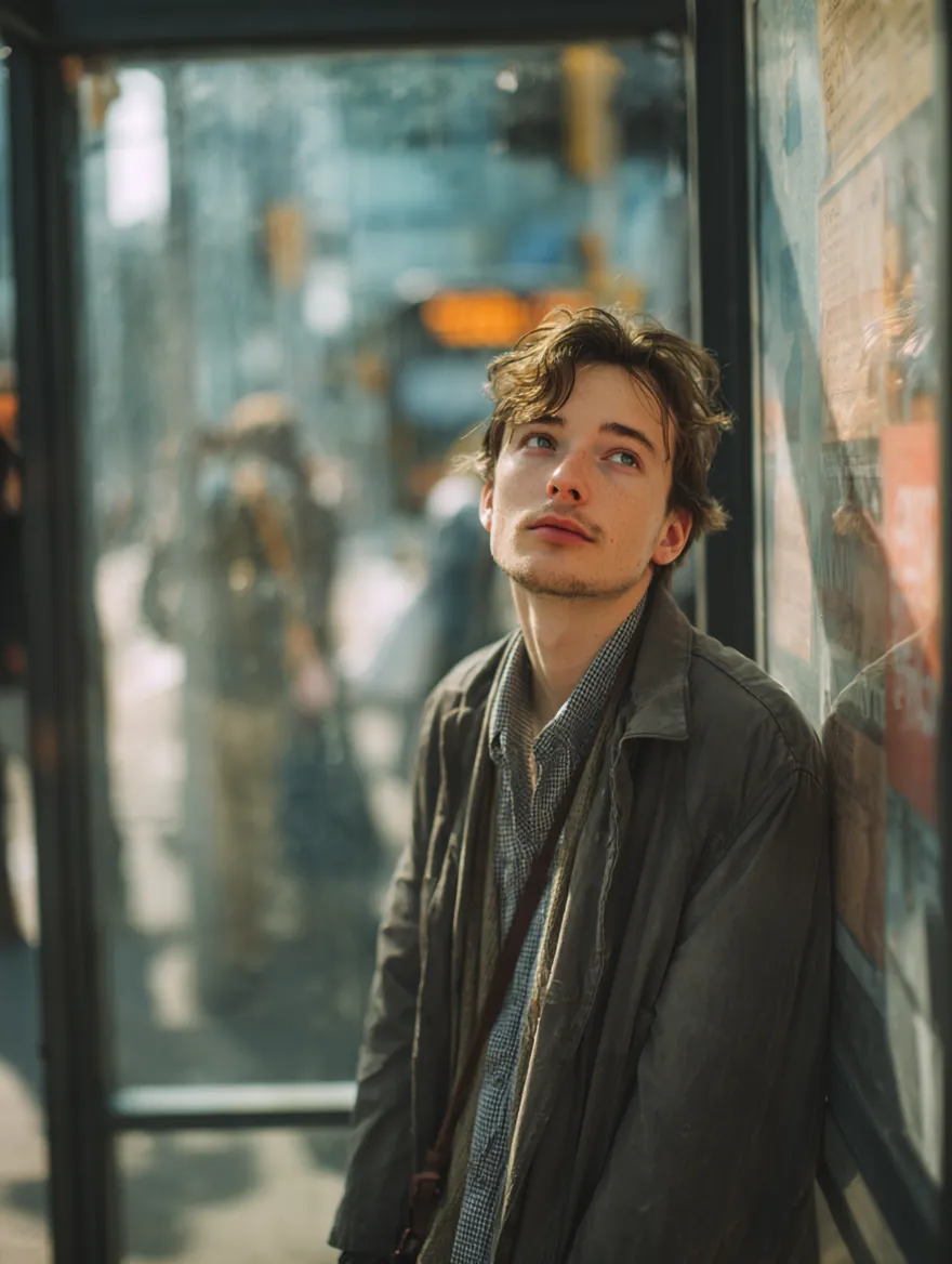 A young man in his 20s glancing up with a curious expression at a downtown bus stop