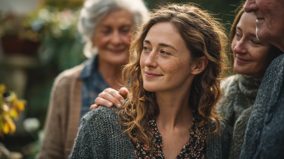 A multigenerational family standing together in a calm memorial garden in a gentle embrace, dignified and quiet, illustrating Funeral Loans with Westside Lending