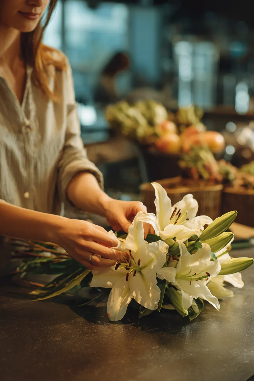 Hands arranging white lilies into a simple sympathy bouquet at a modern florist counter