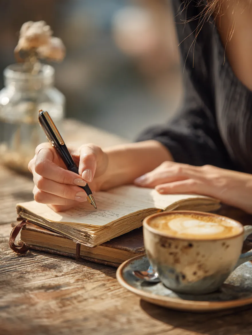 Hands writing in a bound notebook with a pen beside a latte