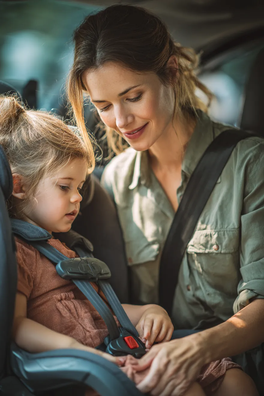 A woman in her 30s buckling her toddler into a car seat