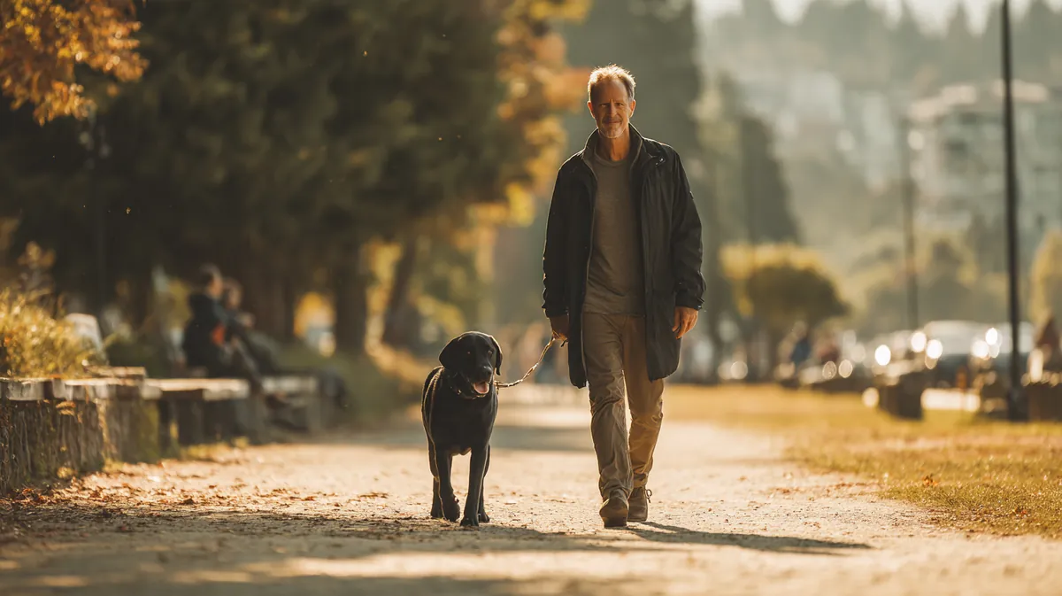 A man in his 40s walking his labrador through a city park in the morning, illustrating How Fast Can a Personal Loan Fund? with Westside Lending