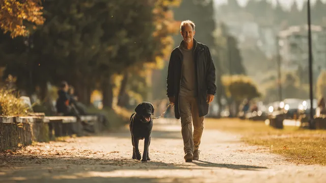 A man in his 40s walking his labrador through a city park in the morning, illustrating How Fast Can a Personal Loan Fund? with Westside Lending