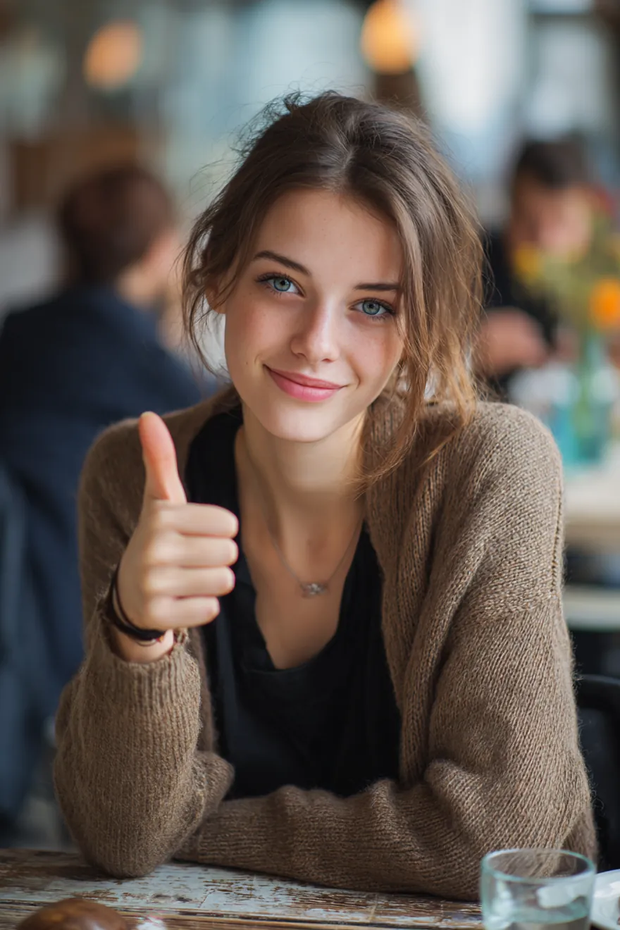 A woman in her 20s giving a cheerful thumbs-up at a cafe