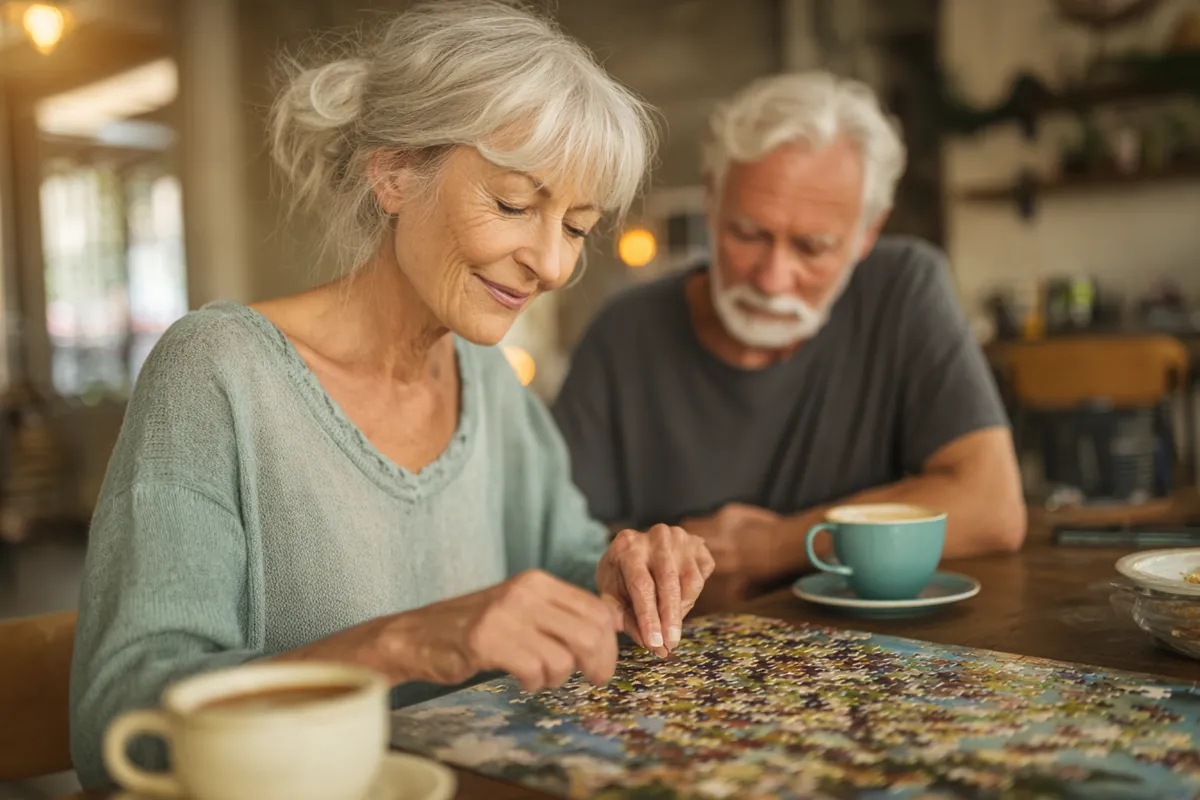 A couple in their 60s solving a jigsaw puzzle at a coffee table, illustrating How It Works with Westside Lending