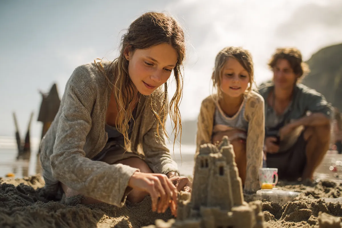 A family building a sandcastle on a sunny beach, illustrating How to Budget a Family Trip You Can Pay Off in a Year with Westside Lending