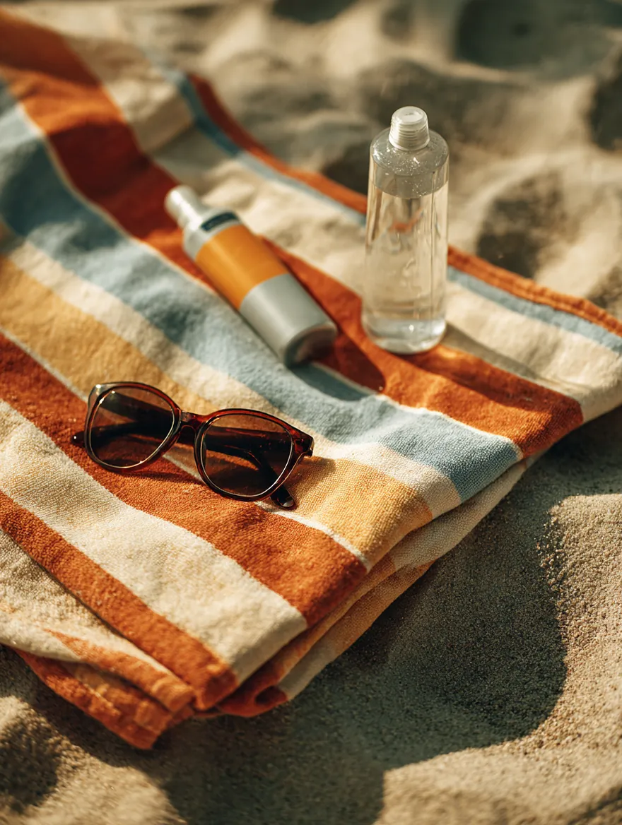 A striped beach towel, a sunscreen bottle and sunglasses on warm sand