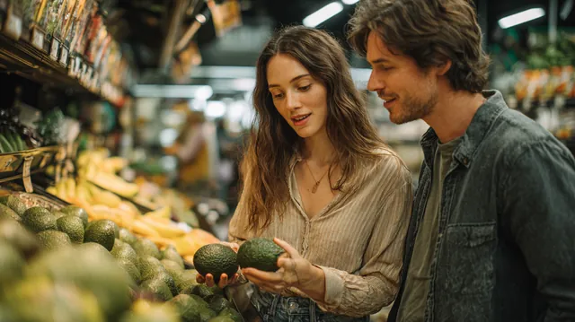 A couple in their 30s comparing avocados in a bright grocery produce aisle, illustrating How to Compare Personal Loan Offers Side by Side with Westside Lending