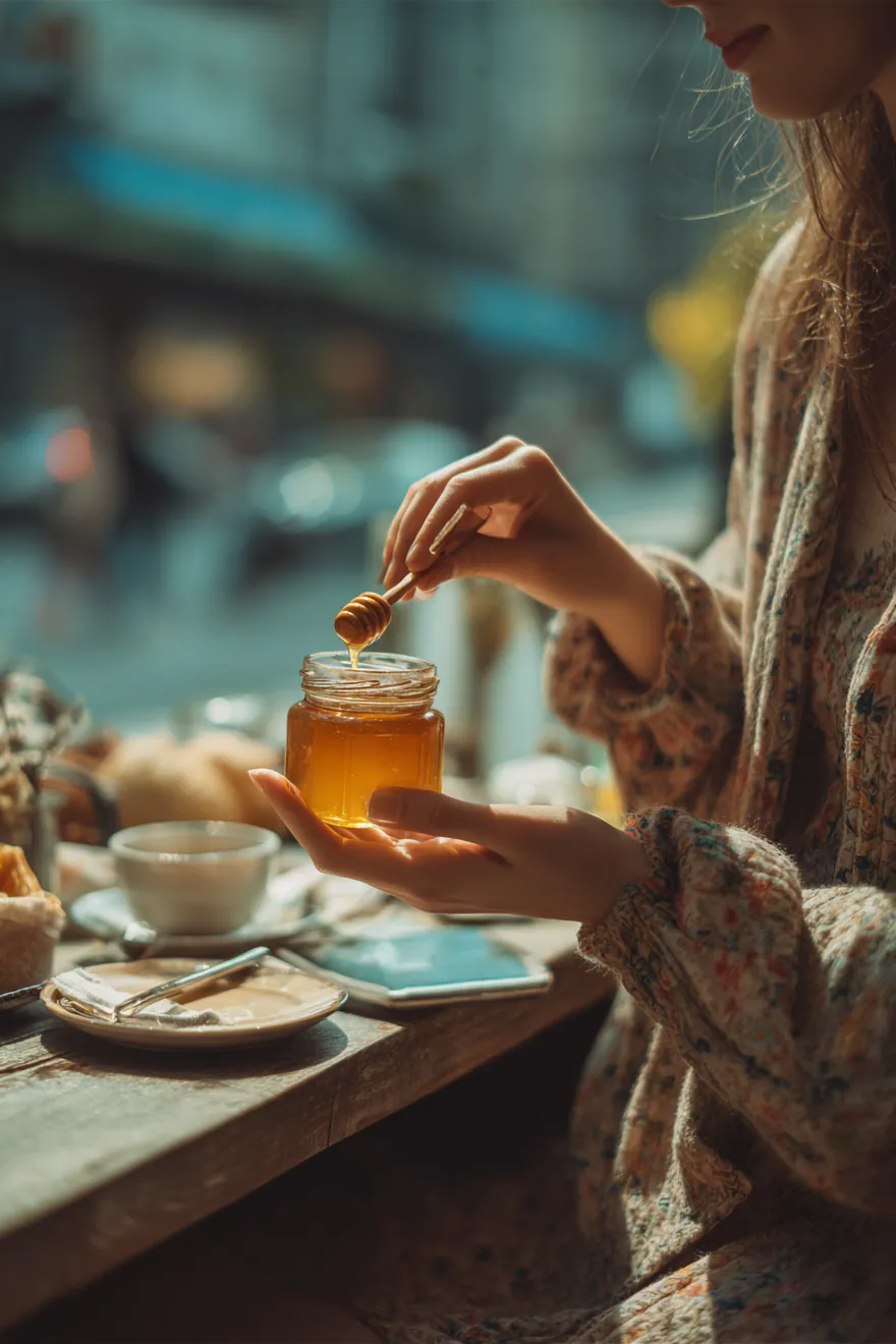 A hand turning a jar of honey to read its label