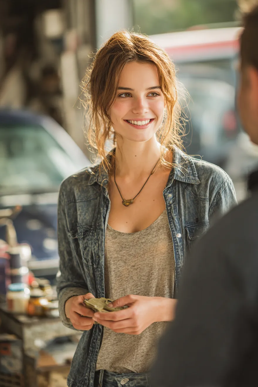 A female mechanic in her 30s explaining a brake pad to a customer