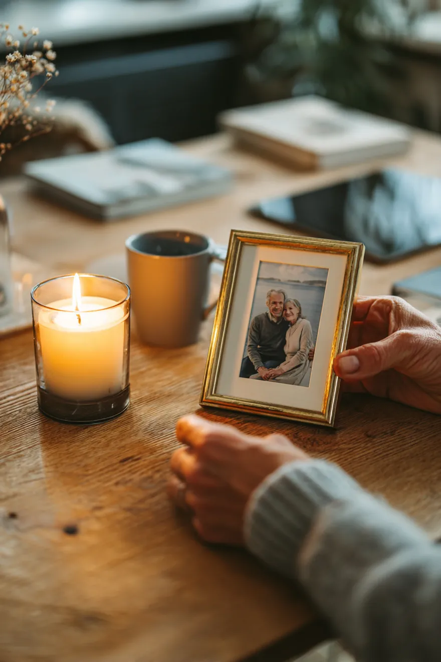 Hands placing a framed family photo beside a lit candle