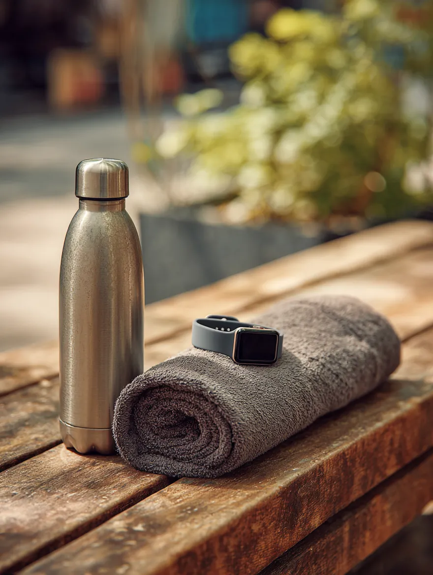 A steel water bottle, a fitness tracker band and a rolled gym towel on a wooden bench