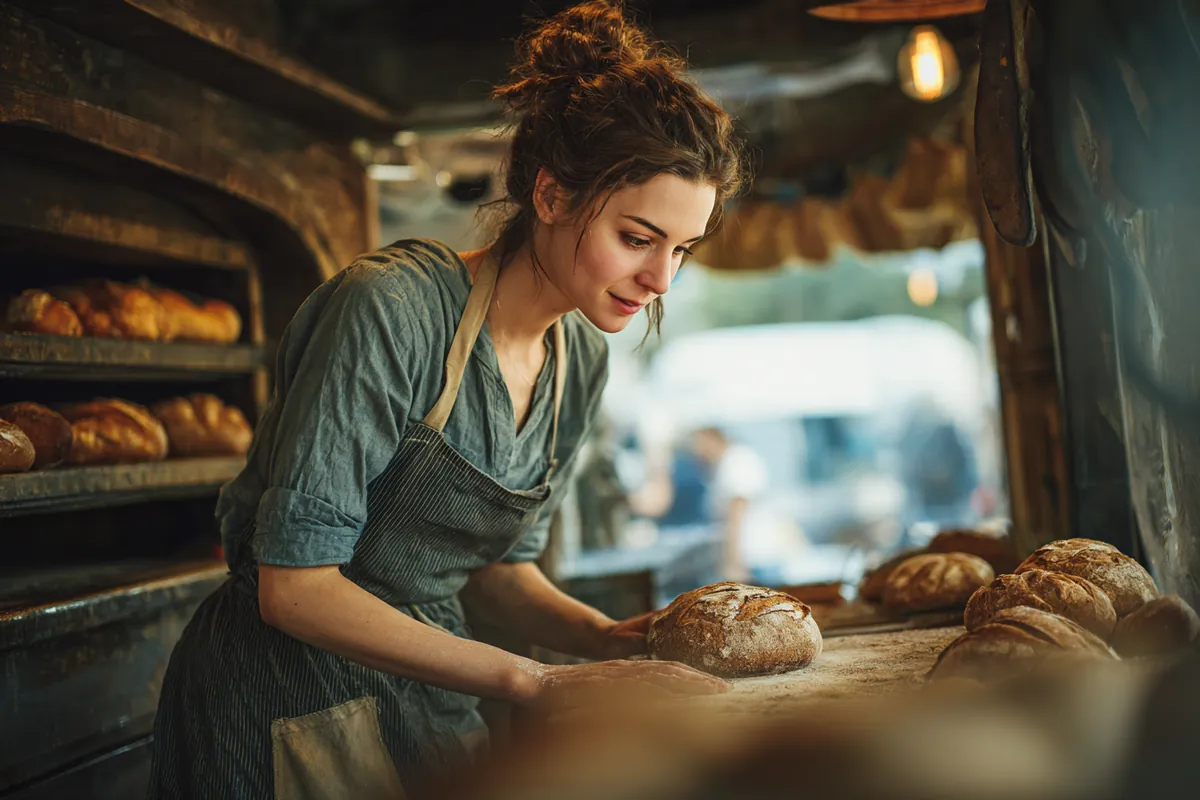 A bakery owner in her 40s pulling fresh bread from the oven, illustrating Installment vs Revolving Credit with Westside Lending