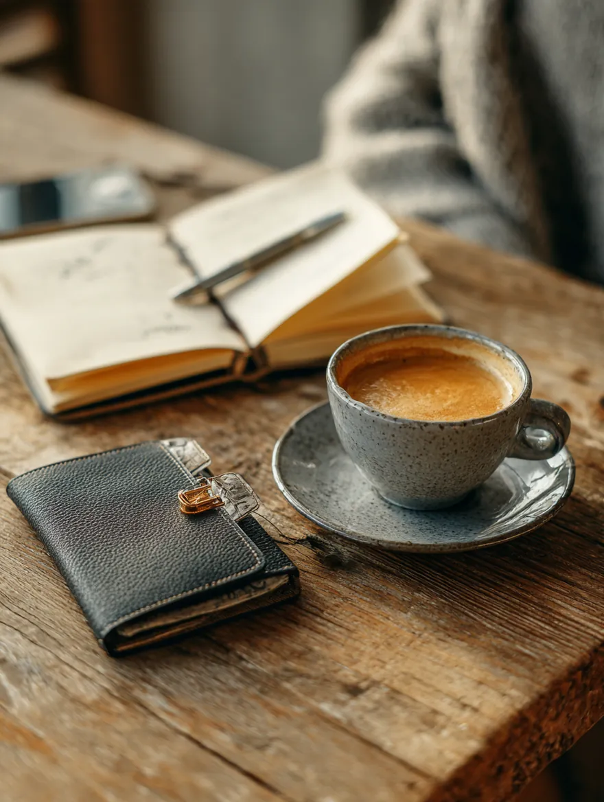 A ceramic coffee cup, an open planner and a slim card wallet on an oak table