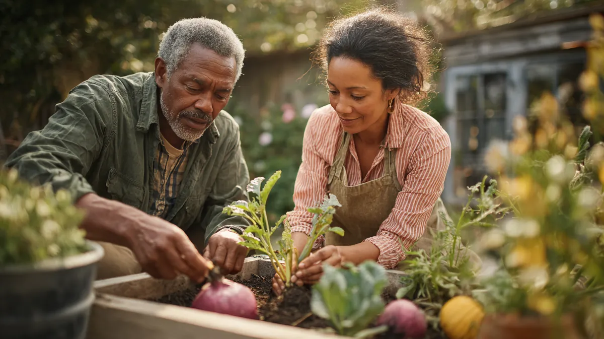 A couple in their 50s planting vegetables in a raised garden bed, illustrating Is a Debt Consolidation Loan Worth It? with Westside Lending